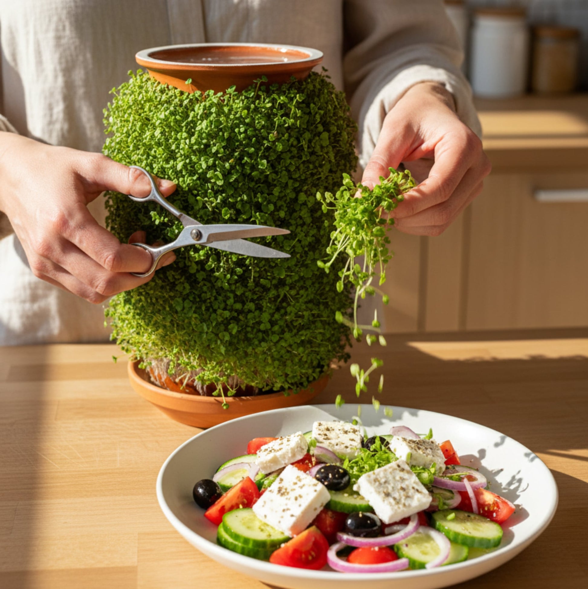 Person harvesting microgreens from a chia-covered plantel pot and adding them to a salad.